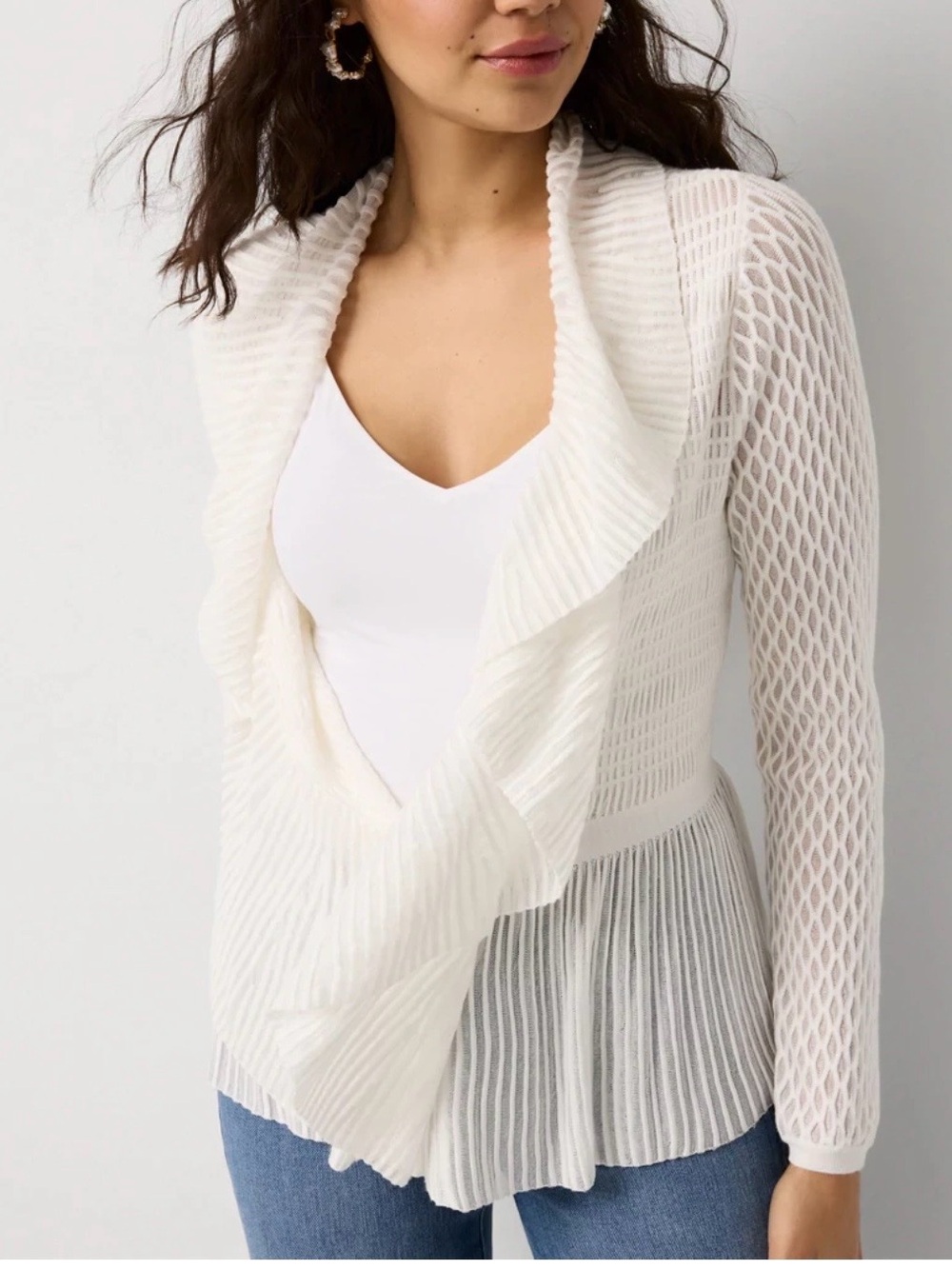 WHBM Long Sleeve Pointelle Peplum Open-Front Sweater